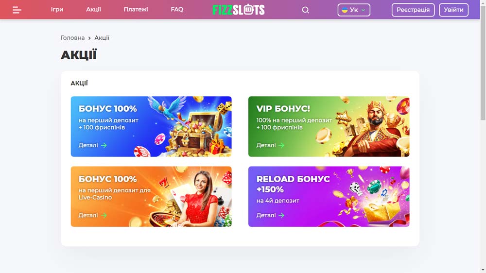 Reload бонус Фіззслот, Vip бонус, Фіззслот Бонус 100% 